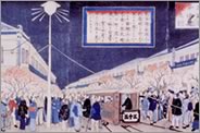 Woodblock print depicting an arc light in Ginza, Tokyo, in 1883. 